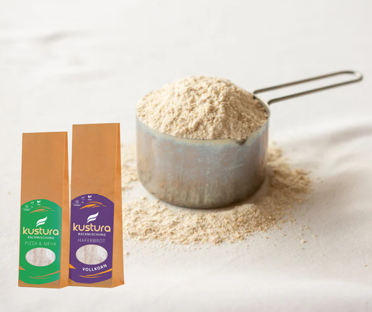 Homemade gluten-free bread made with organic Kustura baking mix, golden crust and soft texture